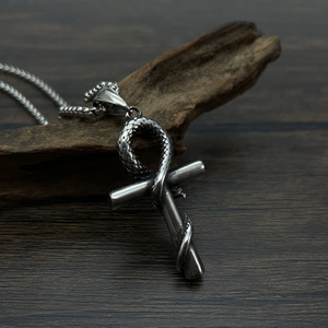 Collar de acero inoxidable para hombre vintage, joyería religiosa esterlina, colgante de Cruz de serpiente, collar de cadena de caja redonda - Product Image 1