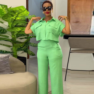 Ensemble d'Été <span class=keywords><strong>Chic</strong></span> <span class=keywords><strong>Femme</strong></span> <span class=keywords><strong>Africaine</strong></span> Deux Pièces <span class=keywords><strong>Tenue</strong></span> Chemise à Manches Courtes Col Revers Pantalon Large Élégant Costume d'Été de Bureau pour <span class=keywords><strong>Femme</strong></span> - Product Image 1