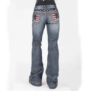 Bufa Denim Desain Cetakan Kantong, Jeans Potongan Bot Ukuran Plus untuk Cowgirl Jins Bendera Amerika Barat