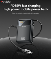 Yesido 20000mAh PD65W Pengisian Cepat Layar Digital Dengan Kabel Tipe-C Panjang 40cm Power Bank Isi Ulang Notebook YP97