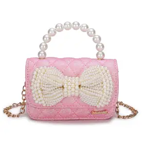 2023 Groothandel Mode Boog Parel Handtas Voor Kinderen Meisje Prinses Tonen Messenger Bag