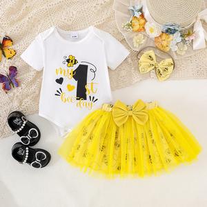 الأوروبي والأمريكية الصيف لطيف فستان الأميرة الأطفال المطبوعة بأكمام قصيرة أعلى + فراشة شبكة تنورة + غطاء الرأس - Product Image 2