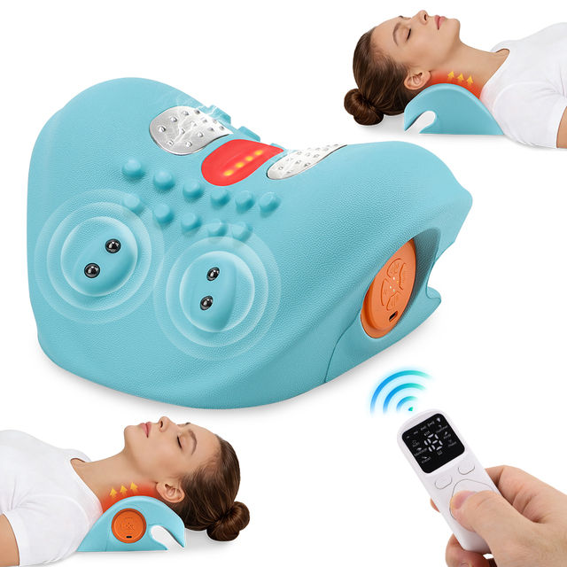 Wireless Remote Control Electric Hot Compress Pulse Cervical Spine Traction Device Mico-current Neck Massage Pillow with Heat
