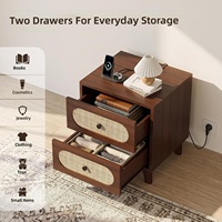 Table de chevet en osier naturel à 2 tiroirs, lot de deux, avec station de charge, commode de chevet en noyer avec prise pour chambre à coucher