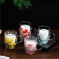Tasse à café en verre à double paroi, résistante à la chaleur, durable, avec fleur séchée et perle, prix de gros abordable