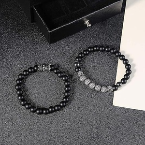 Men's Black Beaded <b>Bracelets</b> <b>Set</b> With Rhinestone Ball Charms Hiphop Style Alloy Jewelry Gift - Product Image 5
