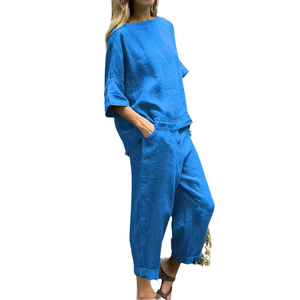 Women's Solid Blue <b>Linen</b> Cotton 2-Piece <b>Set</b> Button Loose O-Neck Top High-Waisted Pants Casual Spring Summer Anti-Pilling Outfit - Product Image 1