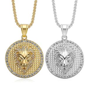 yunnique Lion Head Pendant Necklace Stainless Steel Gold Silver Tone Pave Setting Men's Fashion Jewelry Party Accessory - Product Image 1