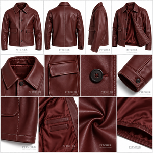 Mens Burgundy Leather Chore Jacket <b>Vintage</b> Button Up <b>Coat</b> with Contrast Stitching - Product Image 6