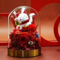 TC Wholesale Dôme en verre rond de 21 cm avec une seule fleur naturelle, cadeau pour la Saint-Valentin, la fête des Mères, style chat porte-bonheur, ornement de rose préservée