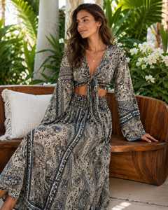 Boho Paisley Tie Front Crop <b>Top</b> <b>Flowy</b> Maxi Skirt Two Piece Resort Wear Set Women's Holiday Celebration Silk Chiffon Natural - Product Image 4