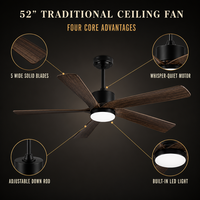 Ventilateur de plafond électrique 52'' avec télécommande, moteur DC, 5 pales en ABS, éclairage intégré, pour usage domestique et hôtelier (ODM/DEM)