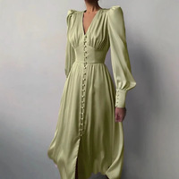 Robe en satin pour femmes européennes et américaines, manches lanternes, taille cintrée, robe élégante et ajustée de style européen et américain