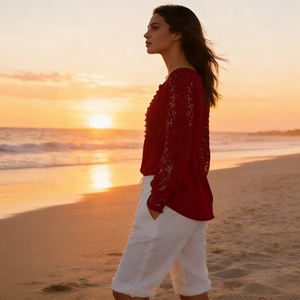 Women's Mint <b>Red</b> <b>Lace</b> Long Sleeve Sweet V-Neck Button Front Breathable Blouse-Elegant Casual <b>Top</b> for Daily Party Wear for lady - Product Image 2