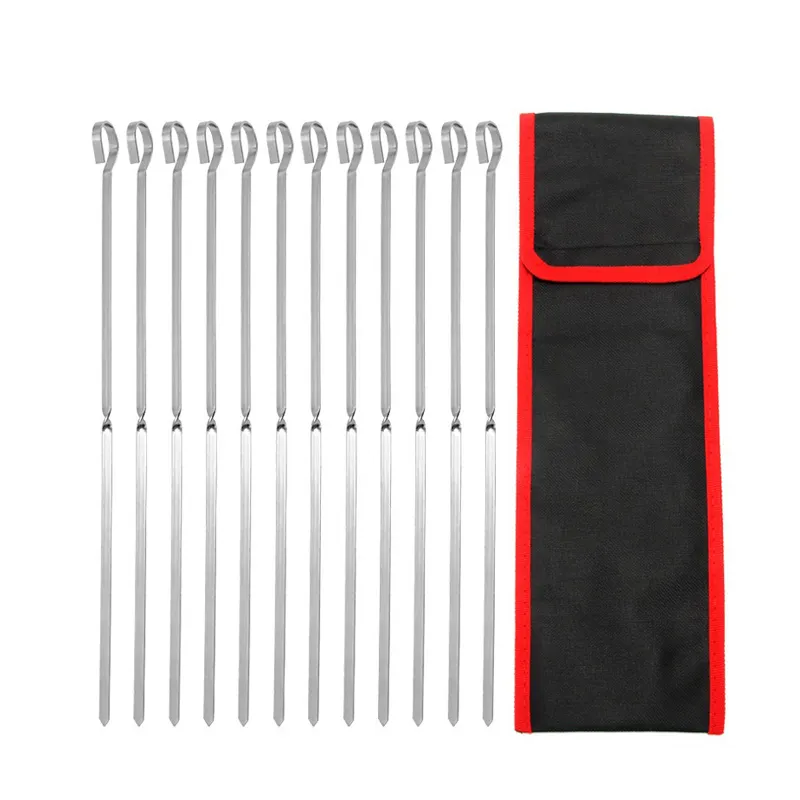 Conjunto de espetos para churrasco em aço inoxidável, acessórios para churrasco, metal plano, 12 unidades