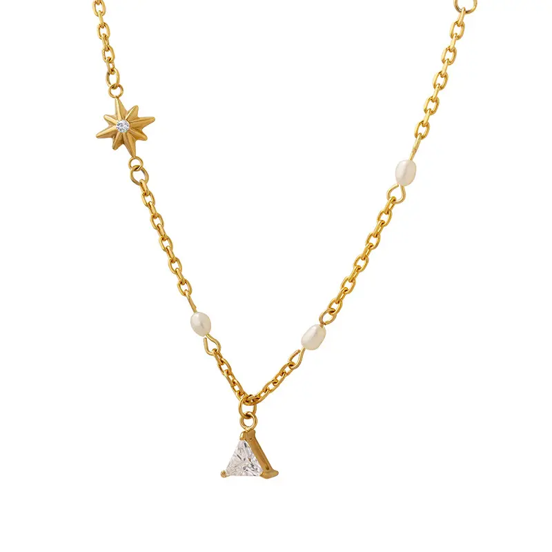 Pendentif étoile à six points en perle d'eau douce avec zircon triangle personnalisé pour collier en acier inoxydable plaqué or 18 ct pour filles