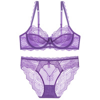 Set Lingerie Wanita Ukuran Besar Warna Ungu dengan Renda Gaya Prancis, Bra Berkawat dan Celana Dalam 2 Potong, Bahan Jala Transparan Seksi, Pakaian Dalam Wanita