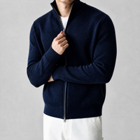 Usine de tricotage OEM ODM sur mesure, fournisseur en gros, cardigan en tricot nid d'abeille à fermeture éclair bleu marine pour homme