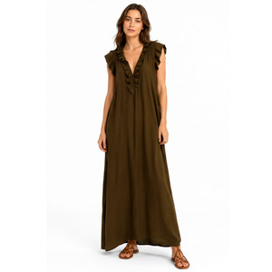 Robe longue ample froncée pour femme toutes saisons - Robe décontractée de créateur olive à col en V avec détail volanté pour les fêtes et la mode féminine - Product Image 1