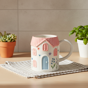 Affascinante Tazza in Ceramica a Forma di Casa con Tetto Rosa, Porta Blu e Decorazioni Floreali, Regalo Tematico per la Casa - Product Image 3