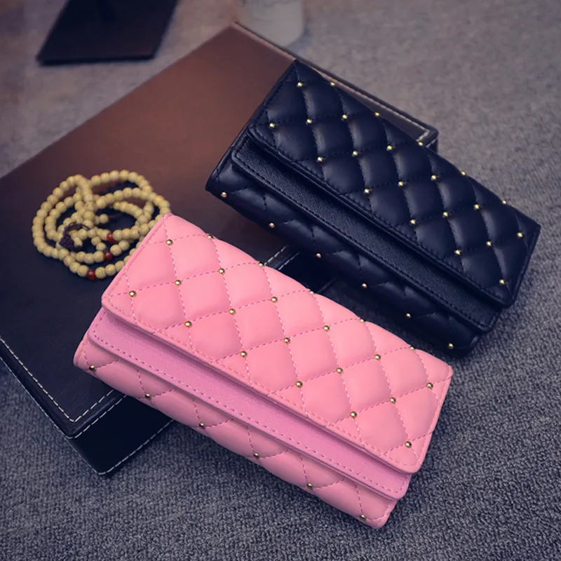 Gorgeous Rivet Lattice Purses Fashion Ladies Long Clutch Coin Purses Fold Leather Wallets For Women