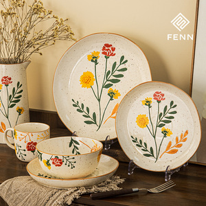 Fait à la Main FENN <span class=keywords><strong>Assiette</strong></span> Fleurs Peintes et Bol en <span class=keywords><strong>Porcelaine</strong></span> Vaisselle Tasse Céramique Style Pastoral Écologique Service de Table en Céramique - Product Image 1