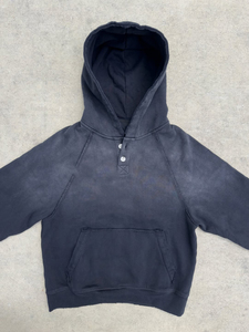 <span class=keywords><strong>Felpa</strong></span> con Cappuccio Henley <span class=keywords><strong>Vintage</strong></span> <span class=keywords><strong>Nera</strong></span> Lavata, Bordo Grezzo Effetto Invecchiato, 100% Cotone French Terry, Pullover Streetwear da Uomo - Product Image 4
