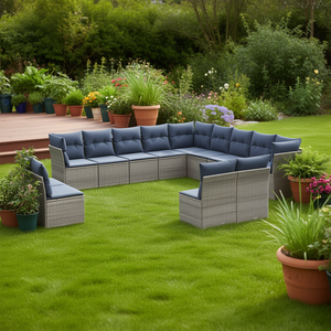 Conjunto de Sofás de Jardín de Ratán Sintético de 13 Piezas en Gris con Cojines, Muebles de Exterior de Diseño Contemporáneo - Product Image 2