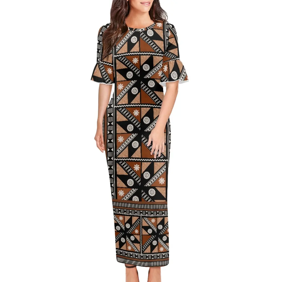 Verão 2023 Mulheres Elegantes Bodycon Vestidos Longos Polinésia Tribal Clothing Samoa Hawaiian custom Print Short Sleeve Maxi Dress