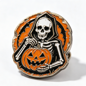 Halloween Skeleton Holding Pumpkin Hard Enamel Metal <b>Pin</b> Gold Plated Irregular Shape Folk Art Collectible - Product Image 3