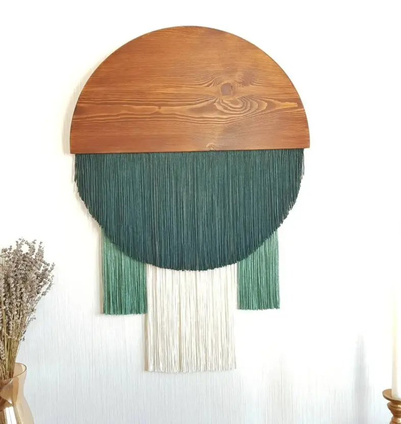 Large Round Fiber Art Wall Hanging Modern Macrame Green Boho Fiber Art Wooden Round Tapestry