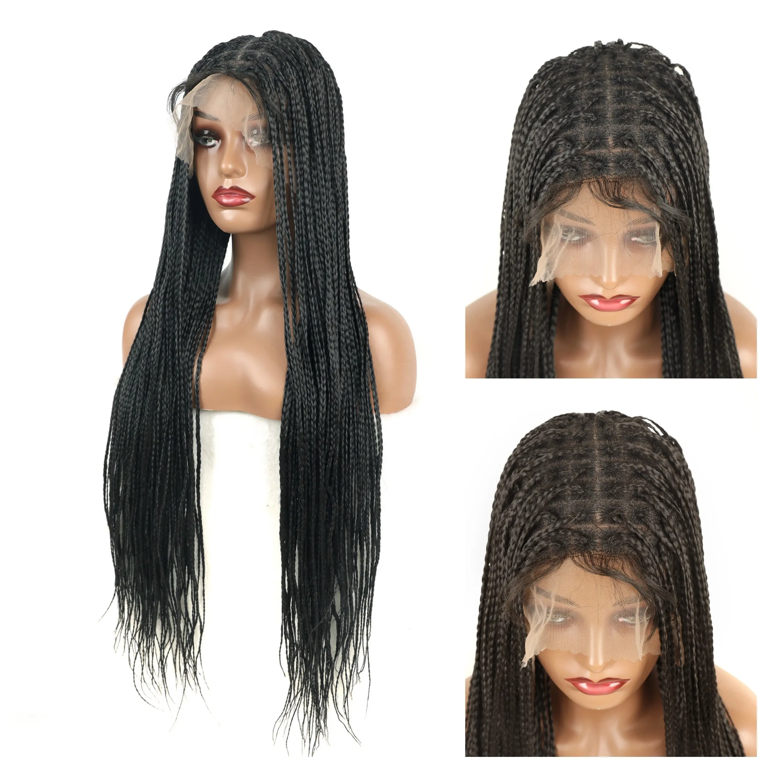 Long Length Soft Synthetic Hair Three Strands Braid Full Lace Box Braid Wigs