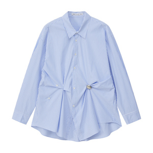 VEGA CHANG Nuova <span class=keywords><strong>Camicia</strong></span> Primaverile da <span class=keywords><strong>Donna</strong></span> in Tencel <span class=keywords><strong>a</strong></span> <span class=keywords><strong>Righe</strong></span> Bianche <span class=keywords><strong>e</strong></span> Blu Cielo con Orlo Annodato <span class=keywords><strong>e</strong></span> Pantaloni Neri per un Outfit Casual Elegante - Product Image 1