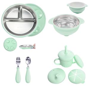 Cubiertos de Silicona <span class=keywords><strong>para</strong></span> Niños, Cuchara y Tenedor de Acero Inoxidable 304, Vaso Antiderrames, <span class=keywords><strong>Plato</strong></span> Dividido <span class=keywords><strong>con</strong></span> <span class=keywords><strong>Ventosa</strong></span> y Cubiertos de Silicona Extraíbles - Product Image 1
