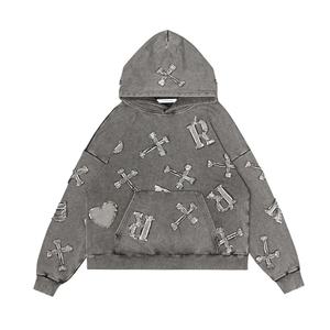 ผู้ผลิตเสื้อฮู้ดดี้แบบกำหนดเอง เสื้อฮู้ดดี้สตรีทแวร์ผ้าเฟรนช์เทอร์รี่หนานุ่ม แต่งลายปะติด ทรงโอเวอร์ไซส์ วินเทจ ล้างสีแบบแอซิดวอช - Product Image 4