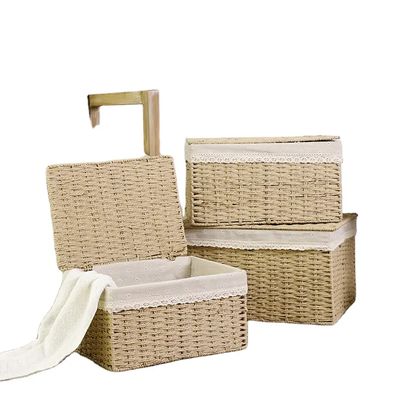 Conjunto barato de 3 cesta natural do retângulo tecido com tampa para a venda em massa
