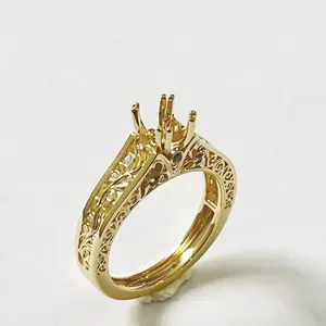 Vintage Filigree Flowing Scrolls Engagement Ring Setting 14K Yellow Gold Oval Semi Mount Rings