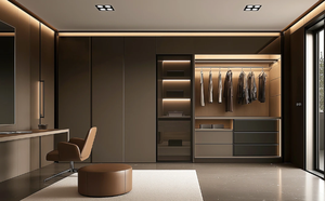 Dressing sur mesure moderne de luxe, armoire autoportante avec cloison en verre, éclairage LED, chambre à coucher, appartement, villa, maison - Product Image 2