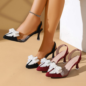 2026 New Plus Size Pearl <b>Bow</b> Wine Glass Heel <b>Sandals</b>, Women Transparent Pointed Toe Closed Hollow High Heel Shoes - Product Image 1
