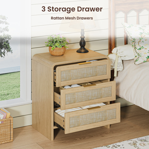 <b>Rattan</b> Nightstand 3 Drawers 22.8 Inch Wide Curved Wooden <b>Bedside</b> <b>Table</b> Modern Storage For Bedroom Natural Oak - Product Image 6