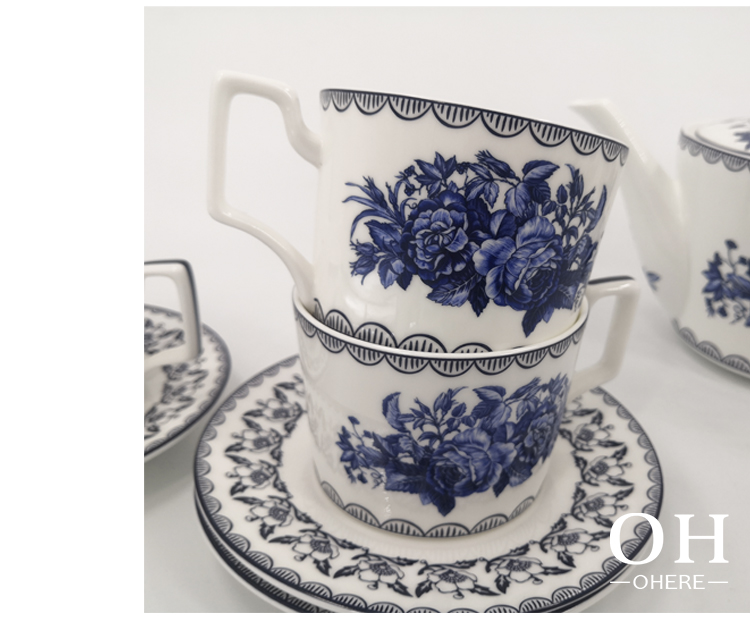 2022 New Style bone china blue and white porcelain peony coffee cup and saucer for banquet and meeting