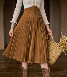 2024 Winter Women Custom Elegant High Waist Ruffle Fish Bone Pleated Skirt