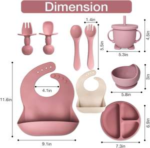 Juego de vajilla para bebé de 9 piezas, plato de silicona con diseño de carita sonriente, babero, tazón, cuchara, tenedor, taza, juego de alimentación de silicona para bebé - Product Image 5
