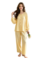 Ensemble de pyjama décontracté en fibre de bambou pour femmes, tricoté, confortable, col rond, luxueux, respirant, style fin printemps/automne, cardigan à manches longues
