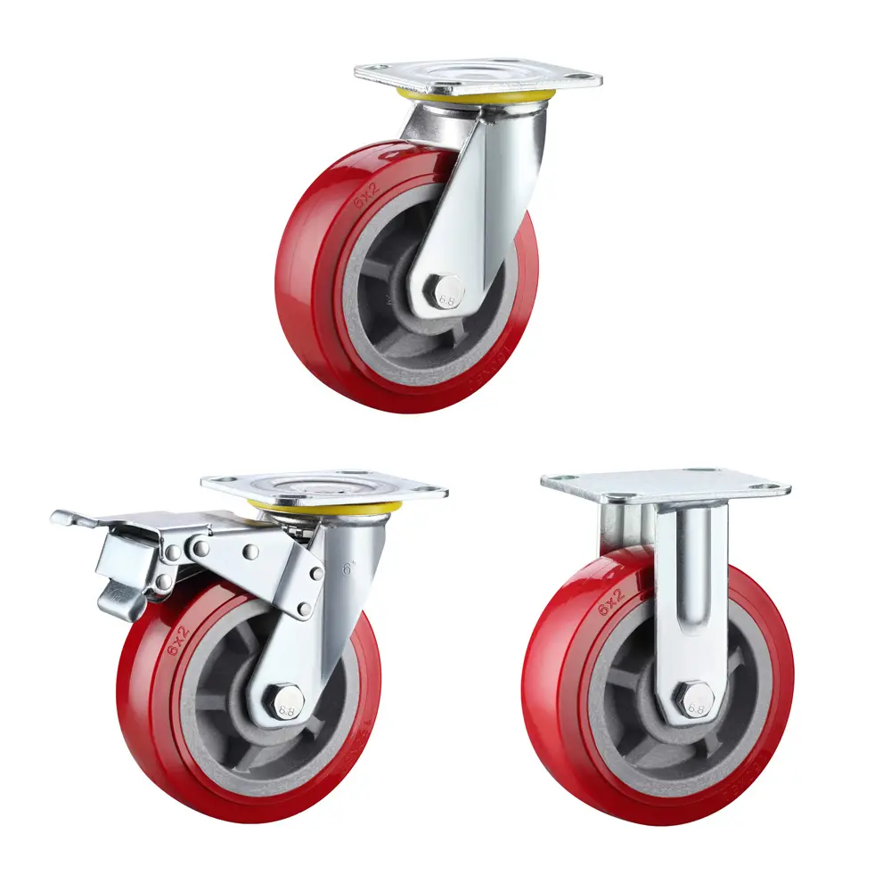 YTOP-ruedas de poliuretano de 4 ", 5", 6 "y 8", con freno y bloqueo Total chapados en Zinc, color rojo, carrito de carga pesada