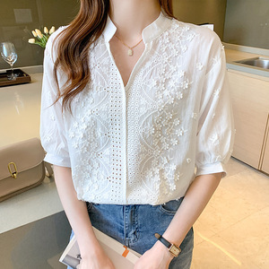 New Embroidery Hollow Middle Sleeve <b>Tops</b> Loose <b>Bubble</b> Sleeve Women's Thin Blouse Fashion - Product Image 4