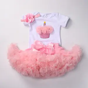 Doğum günü bebek 1st parti bebek kız tulum giysi set kafa bandı ile beyaz Bodysuit pettiskirt Tutu elbise kıyafetler