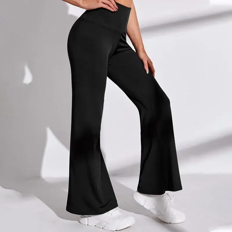Black Shiny Fabric Plain Custom Fitness High Waist Flare Leg Yoga Pants Tummy Control Leggings For Women