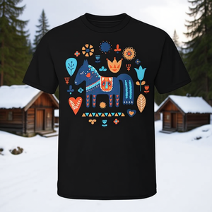 Camiseta con diseño de caballo Dala sueco, arte popular, tradición nórdica, para hombre, negra, talla mediana, cuello redondo, manga corta, impresión digital - Product Image 3