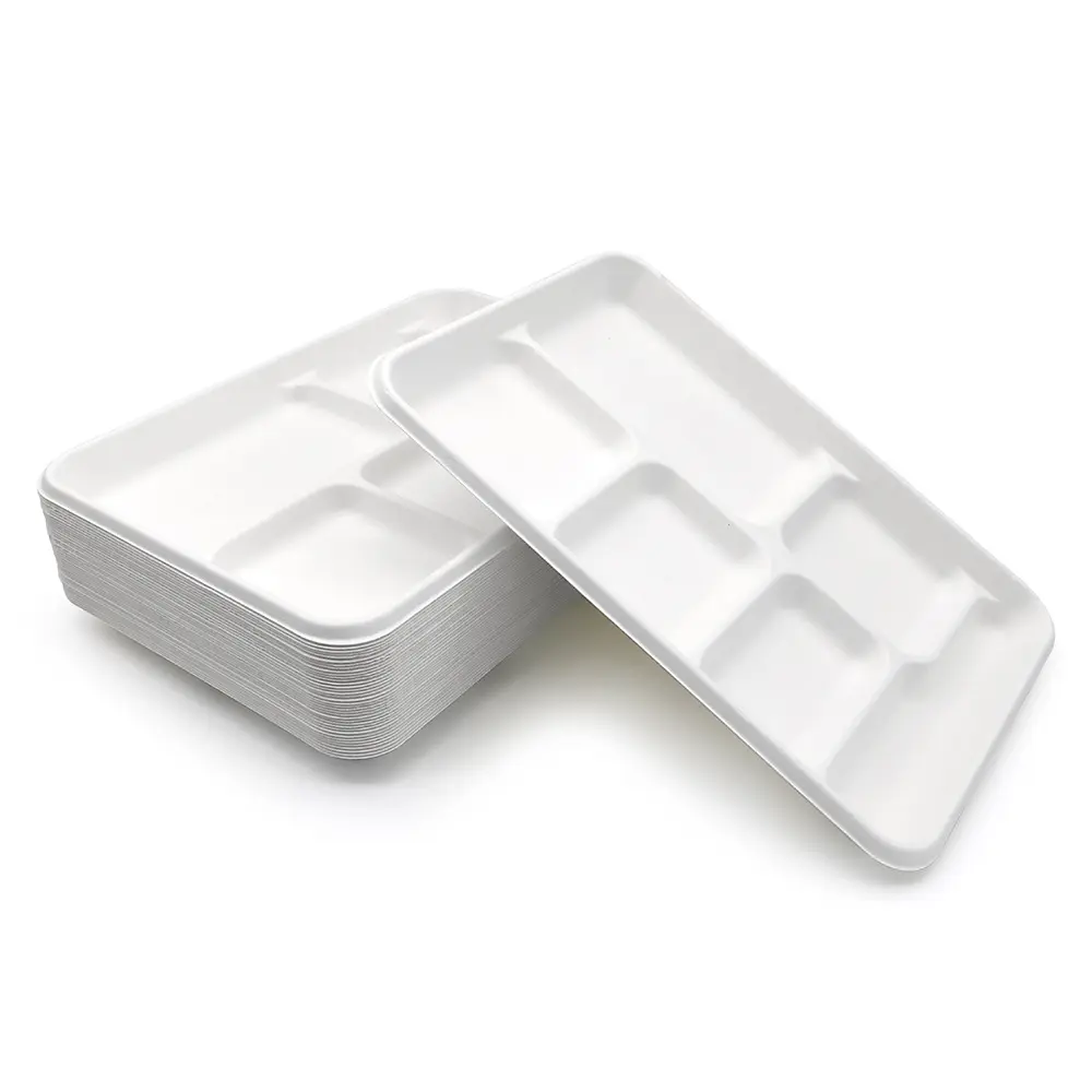 Platos de 6 compartimentos compostables, plato de papel con compartimento, platos desechables ecológicos de caña de azúcar para embalaje de bagazo de Buffet
